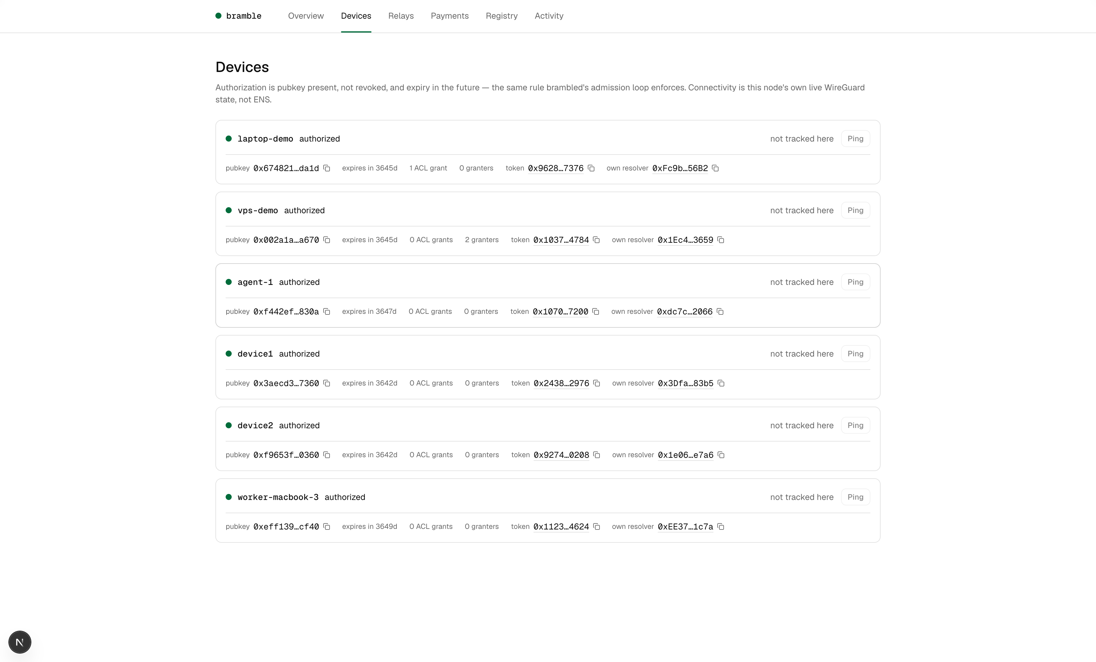 Bramble dashboard Devices page showing enrolled devices with pubkey, ACL grants, and resolver addresses