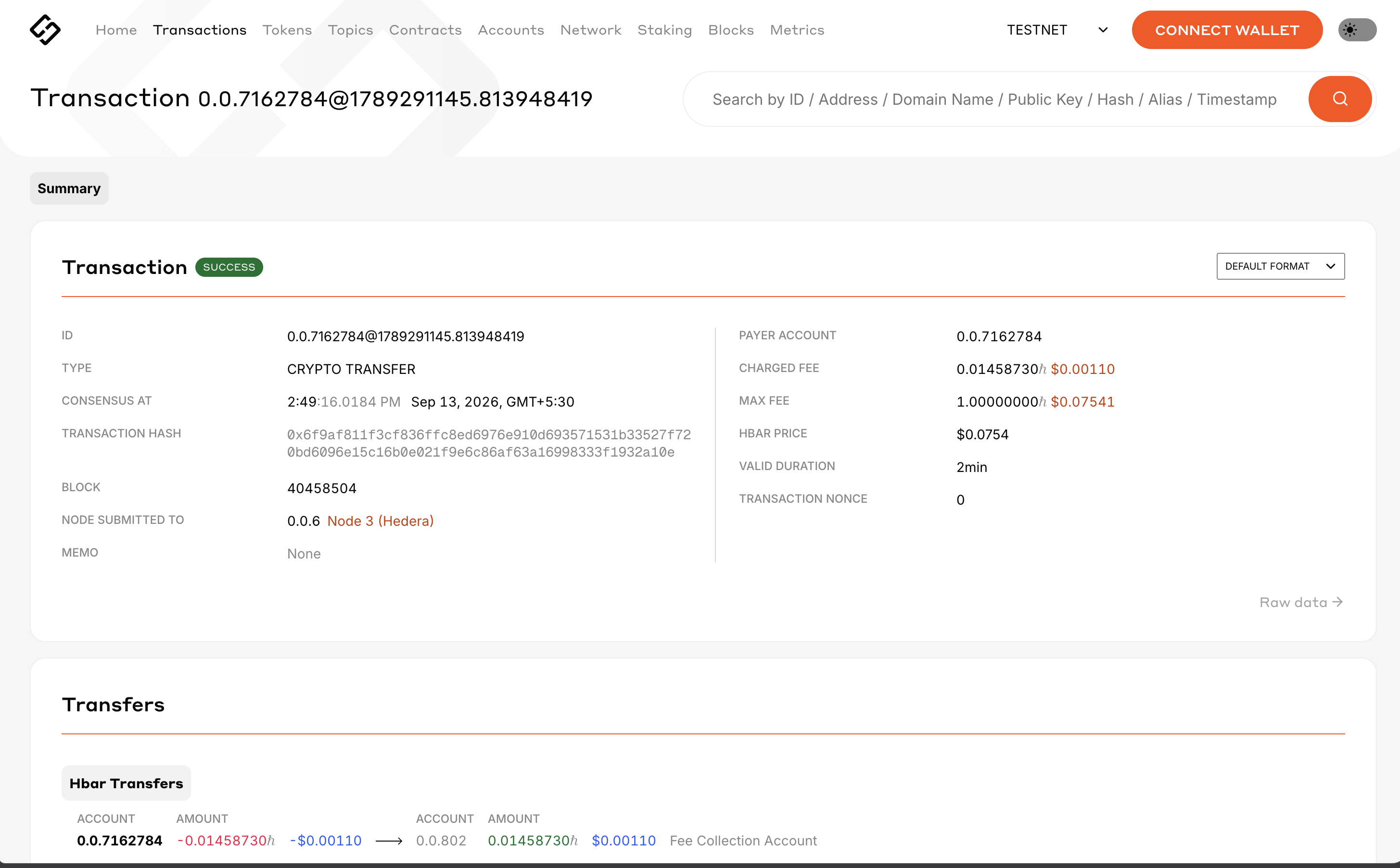 HashScan transaction detail page showing a successful real crypto transfer on Hedera testnet